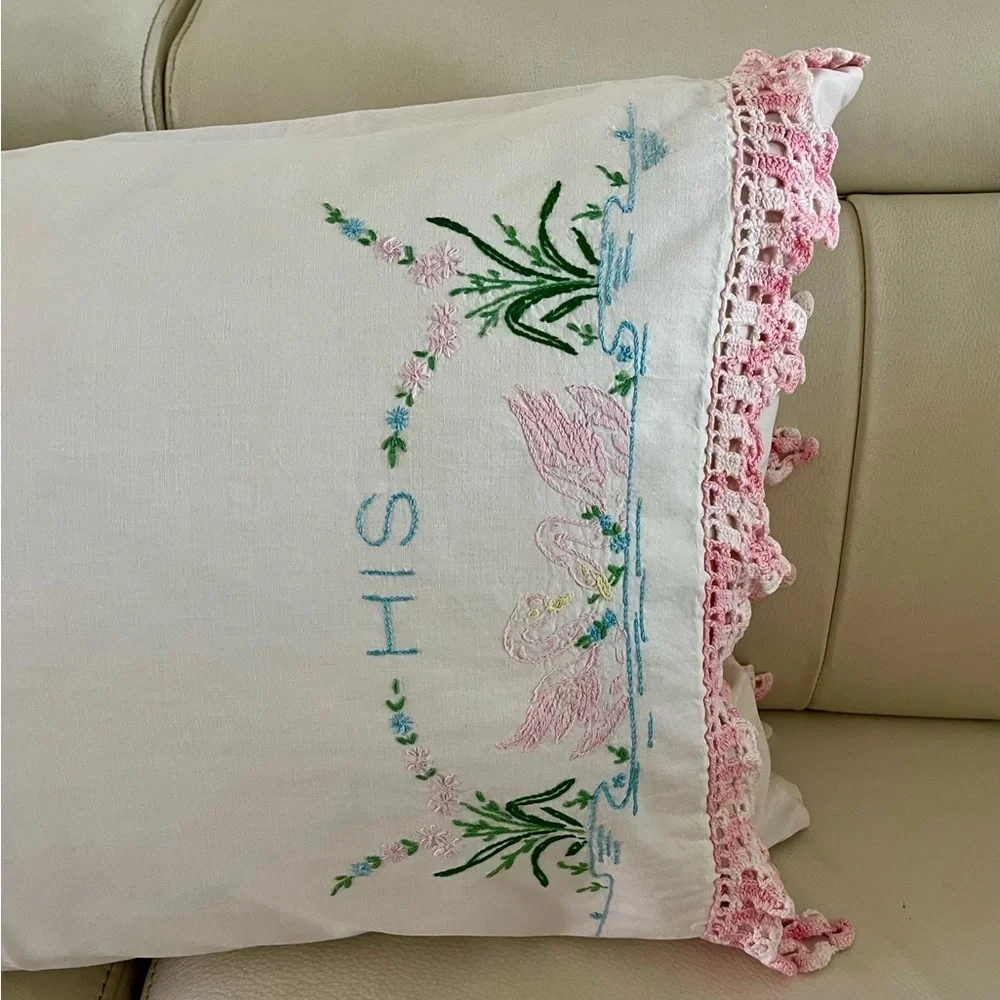 Embroidered White Pillow with Pink Accents 20/25 inches